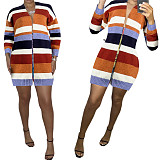 Color Block Loose Long Sleeve Cardigan Sweater Coat FSX-331