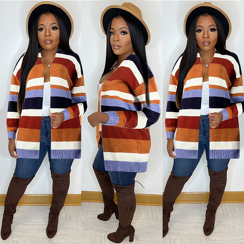 Color Block Loose Long Sleeve Cardigan Sweater Coat FSX-331