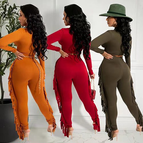 Solid Long Sleeve Crop Top Skinny Tassel Pants Set OYF-8287