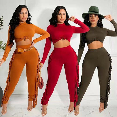 Solid Long Sleeve Crop Top Skinny Tassel Pants Set OYF-8287