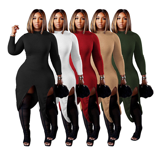 Plus Size Solid Knitted Irregular Long Sleeve Dress DD-88138