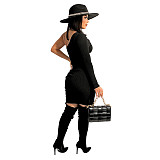 Black One Shoulder Long Sleeve Zip Slit Bodycon Dress SH-390238