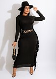 Solid Long Sleeve O Neck Side Tassel Maxi Dress HANI-066