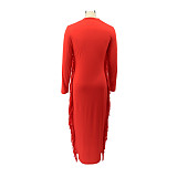 Solid Long Sleeve O Neck Side Tassel Maxi Dress HANI-066