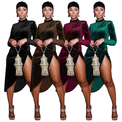Velvet Long Sleeve Bodysuit+High Slit Skirt Set ASL-6526