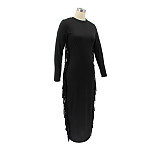 Solid Long Sleeve O Neck Side Tassel Maxi Dress HANI-066