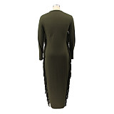 Solid Long Sleeve O Neck Side Tassel Maxi Dress HANI-066