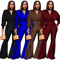 Solid V Neck T Shirt Flared Pants Two Piece Set MAE-2131