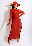 Solid Long Sleeve O Neck Side Tassel Maxi Dress HANI-066