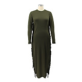 Solid Long Sleeve O Neck Side Tassel Maxi Dress HANI-066