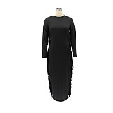 Solid Long Sleeve O Neck Side Tassel Maxi Dress HANI-066