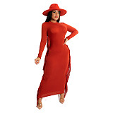 Solid Long Sleeve O Neck Side Tassel Maxi Dress HANI-066