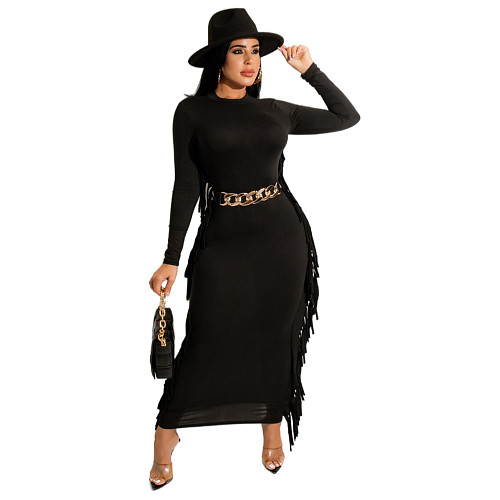 Solid Long Sleeve O Neck Side Tassel Maxi Dress HANI-066