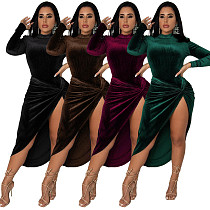 Velvet Long Sleeve Bodysuit+High Slit Skirt Set ASL-6526