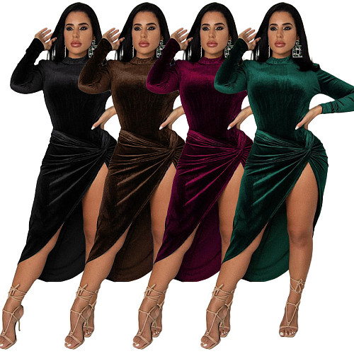 Velvet Long Sleeve Bodysuit+High Slit Skirt Set ASL-6526