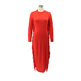 Solid Long Sleeve O Neck Side Tassel Maxi Dress HANI-066