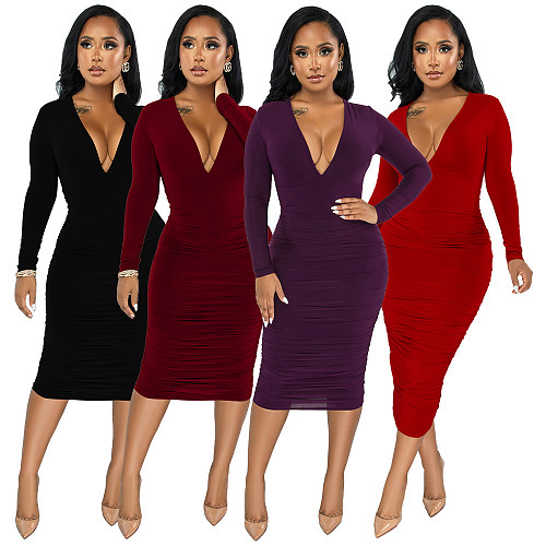 Solid Color Deep V Neck Skinny Pencil Dress YF-10027