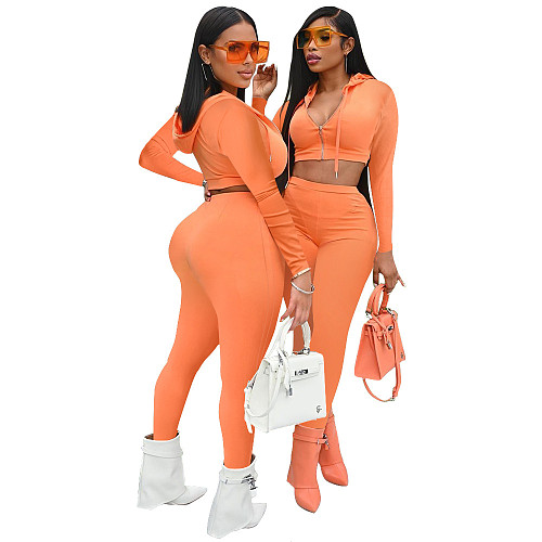 Solid Zip Hooded Jacket Crop Top 2 Piece Pants Set XING-072
