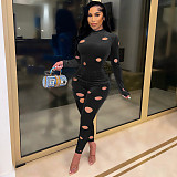 Velvet Hole Long Sleeve T Shirt Two Piece Pants Set WSM-5291