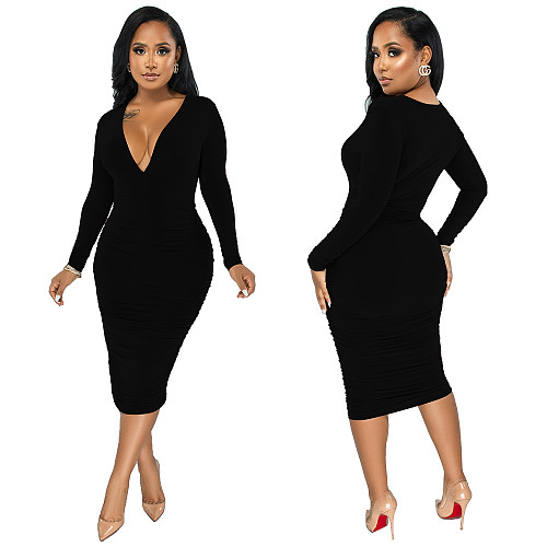 Solid Color Deep V Neck Skinny Pencil Dress YF-10027