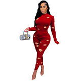 Velvet Hole Long Sleeve T Shirt Two Piece Pants Set WSM-5291