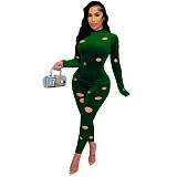 Velvet Hole Long Sleeve T Shirt Two Piece Pants Set WSM-5291