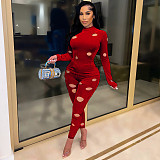 Velvet Hole Long Sleeve T Shirt Two Piece Pants Set WSM-5291