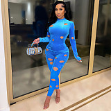 Velvet Hole Long Sleeve T Shirt Two Piece Pants Set WSM-5291