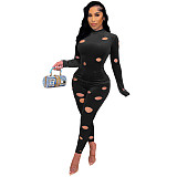 Velvet Hole Long Sleeve T Shirt Two Piece Pants Set WSM-5291