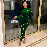 Velvet Hole Long Sleeve T Shirt Two Piece Pants Set WSM-5291