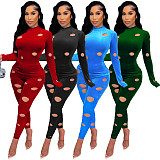 Velvet Hole Long Sleeve T Shirt Two Piece Pants Set WSM-5291
