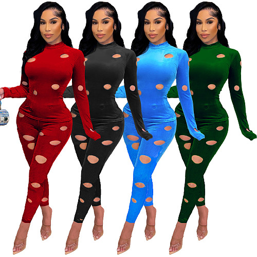 Velvet Hole Long Sleeve T Shirt Two Piece Pants Set WSM-5291