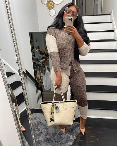 Color Block Patchwork Sweater Leggings Two Piece Set TR-1189