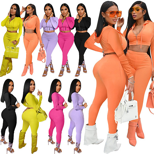 Solid Zip Hooded Jacket Crop Top 2 Piece Pants Set XING-072