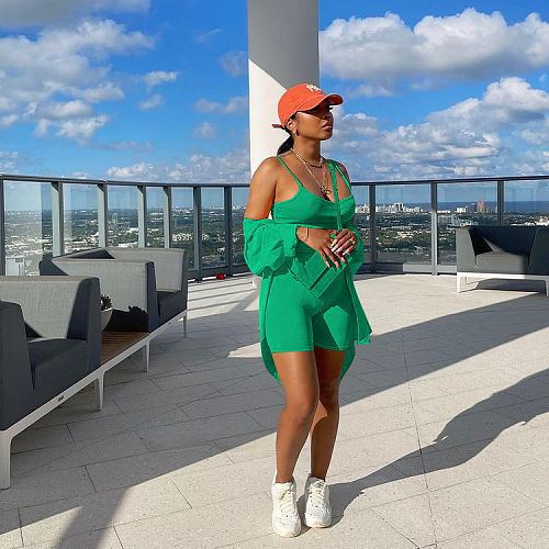 Long Sleeve Cardigan Shirt+Strap Crop Top+Shorts Set MEM-88398