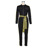 Letter Print Patchwork Zipper Tight Jumpsuit ZS-0500
