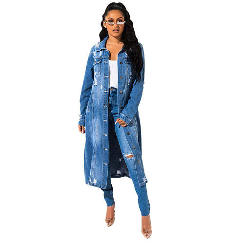Women Broken Holes Long Denim Cape Coat Dress LX-8083