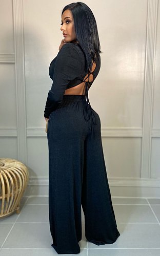 Solid Color Backless Wide Leg Pants Set LSL-6484