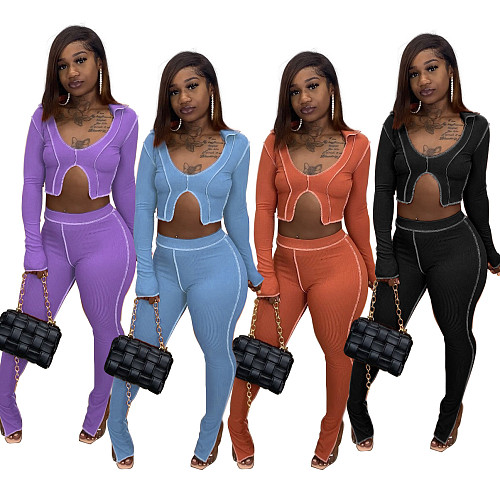Article Pit Crop Top And Slit Flared Pants 2 Piece Set LA-3299