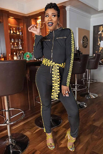 Letter Print Patchwork Zipper Tight Jumpsuit ZS-0500