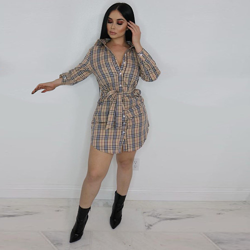 Turn Down Collar Single Breasted Plaid Shirt Dress ORY-5216