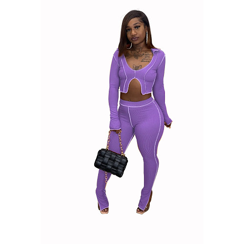 Article Pit Crop Top And Slit Flared Pants 2 Piece Set LA-3299