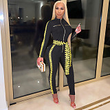 Letter Print Patchwork Zipper Tight Jumpsuit ZS-0500