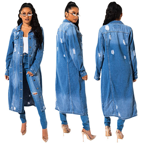 Women Broken Holes Long Denim Cape Coat Dress LX-8083