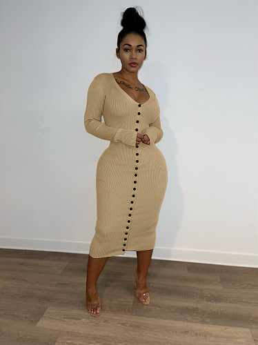 Sexy Low Cut Buttons Article Pit Maxi Dress FNN-8651