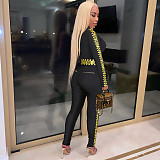 Letter Print Patchwork Zipper Tight Jumpsuit ZS-0500