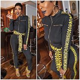 Letter Print Patchwork Zipper Tight Jumpsuit ZS-0500