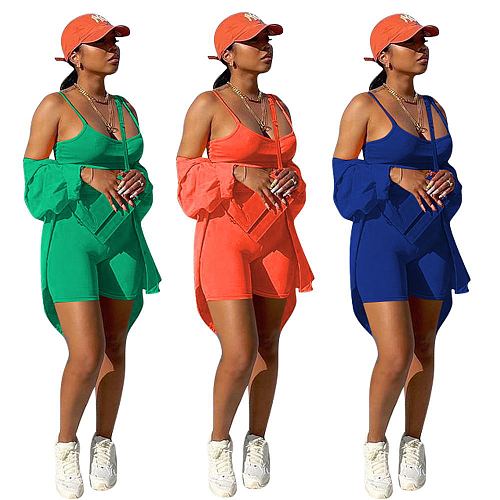Long Sleeve Cardigan Shirt+Strap Crop Top+Shorts Set MEM-88398