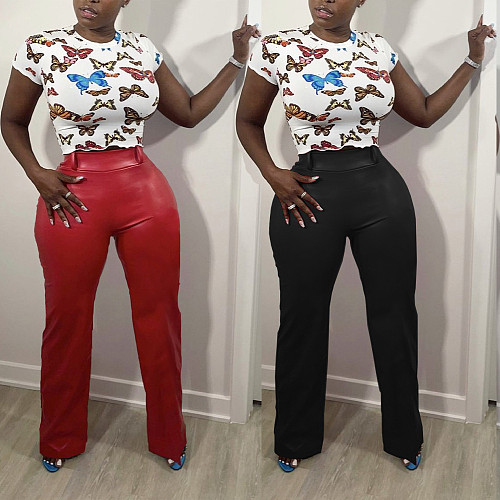 Solid Color Loose Wide-leg Leather Pants BN-9313