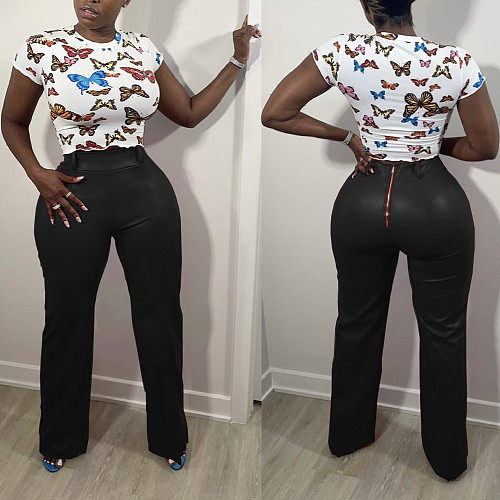 Solid Color Loose Wide-leg Leather Pants BN-9313